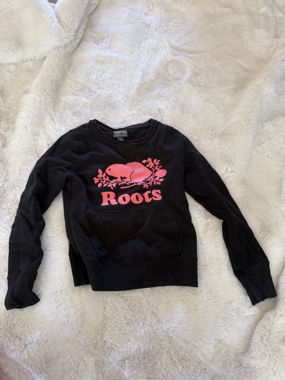 Roots Black Crewneck Sweatshirt with Pink Logo Graphic